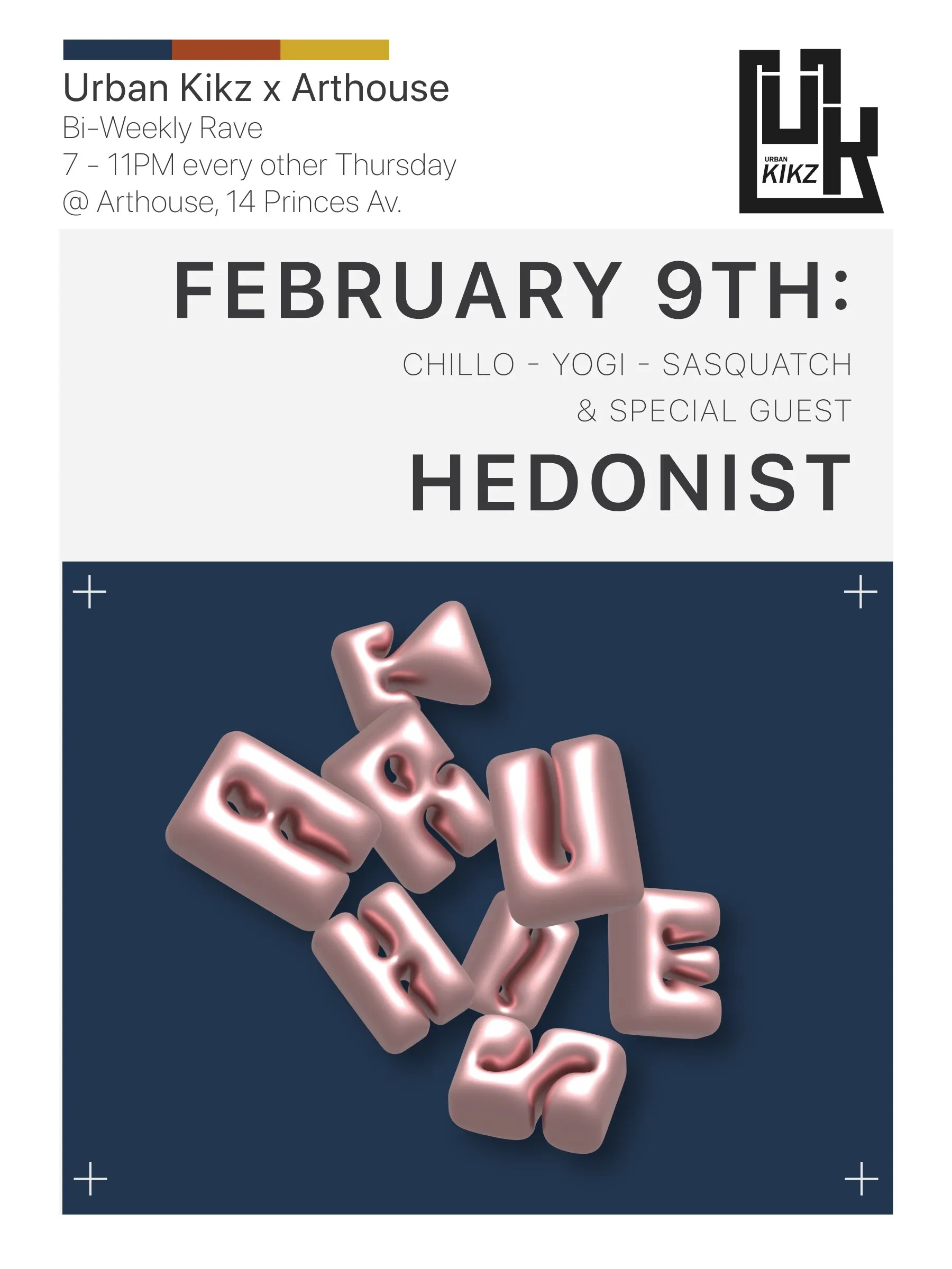 Arthouse poster with pink 3D letters spelling Hedonist