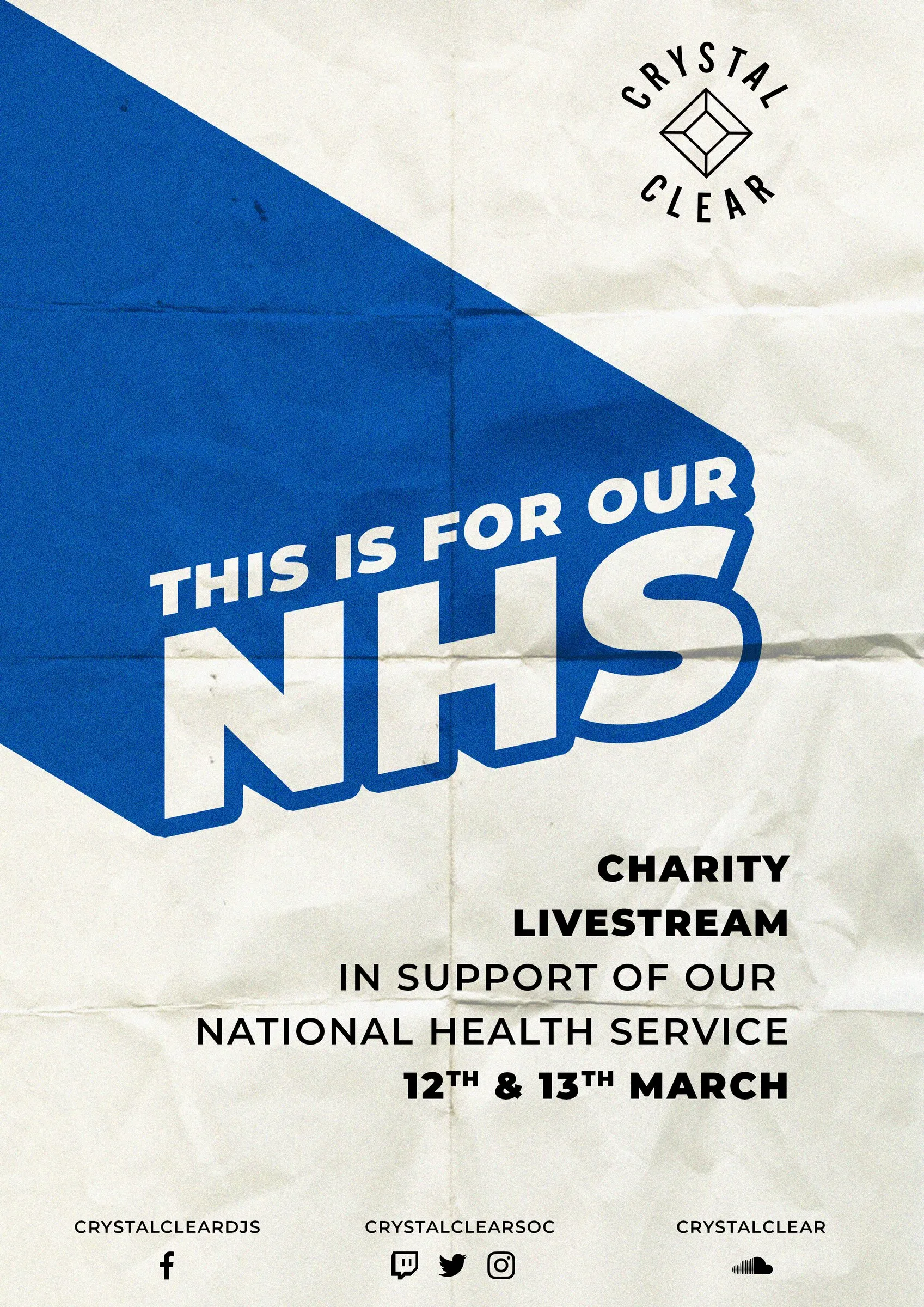 Blue and cream Crystal Clear charity livestream poster in support of the NHS