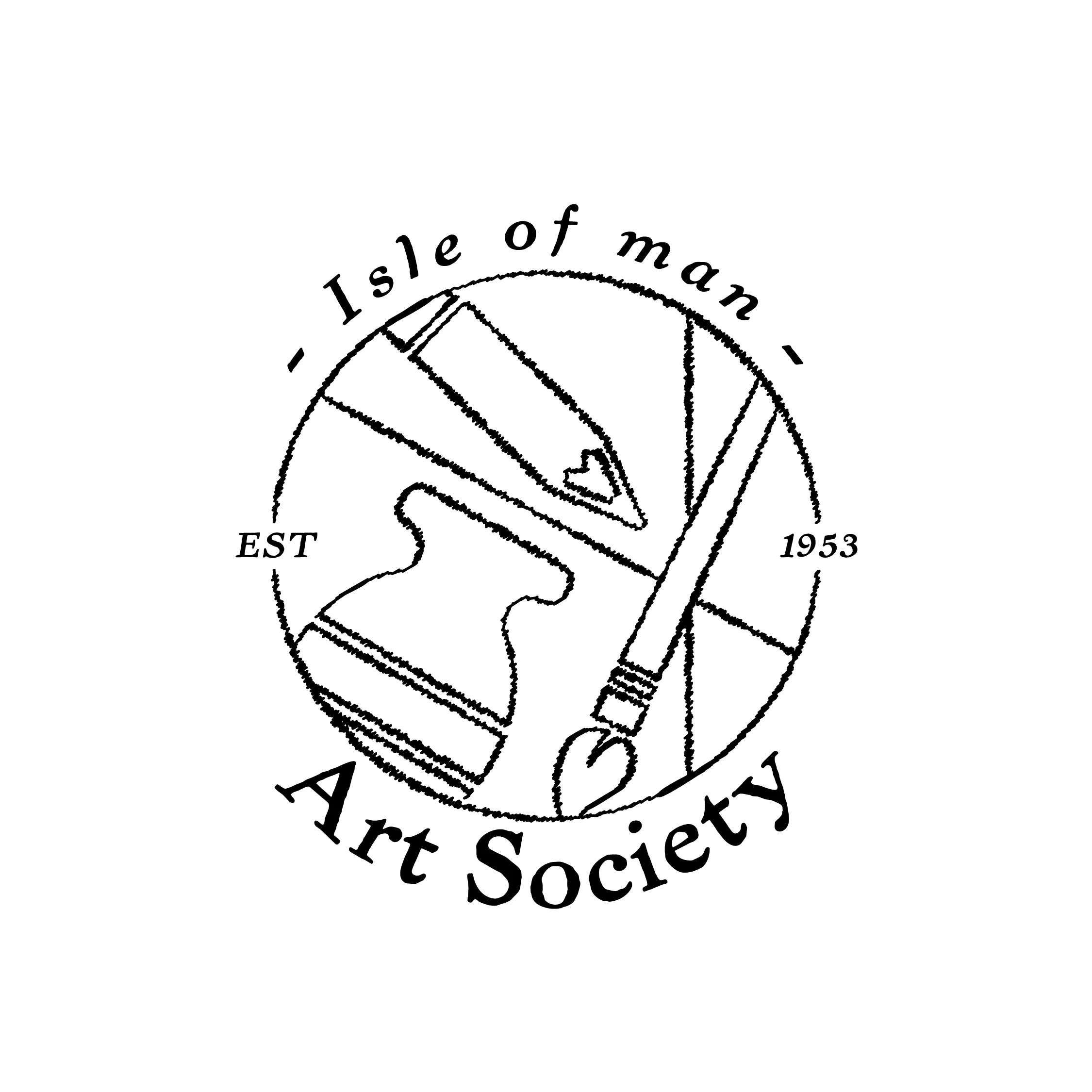 Round badge logo with artist's tools and EST 1953