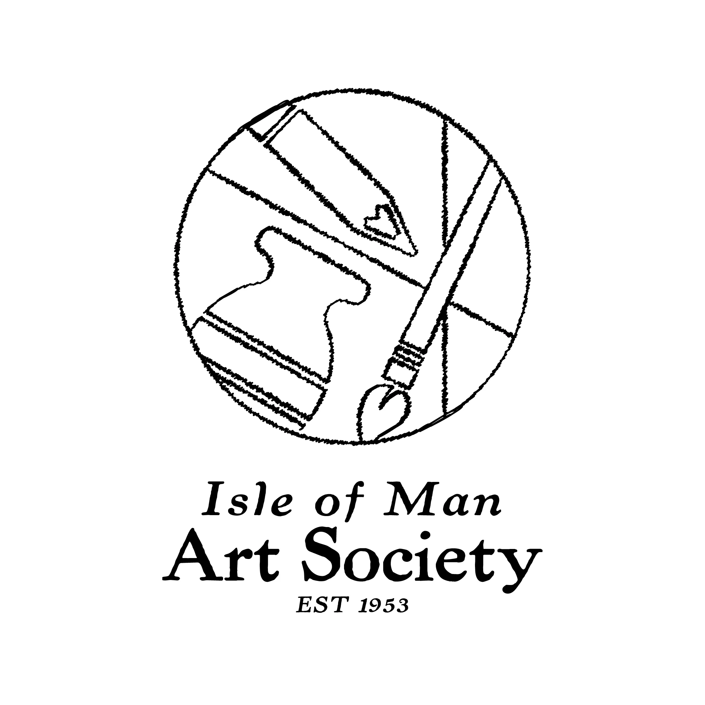 Circular logo with a hand-drawn palette, pencil and brush, reading Isle of Man Art Society, est 1953