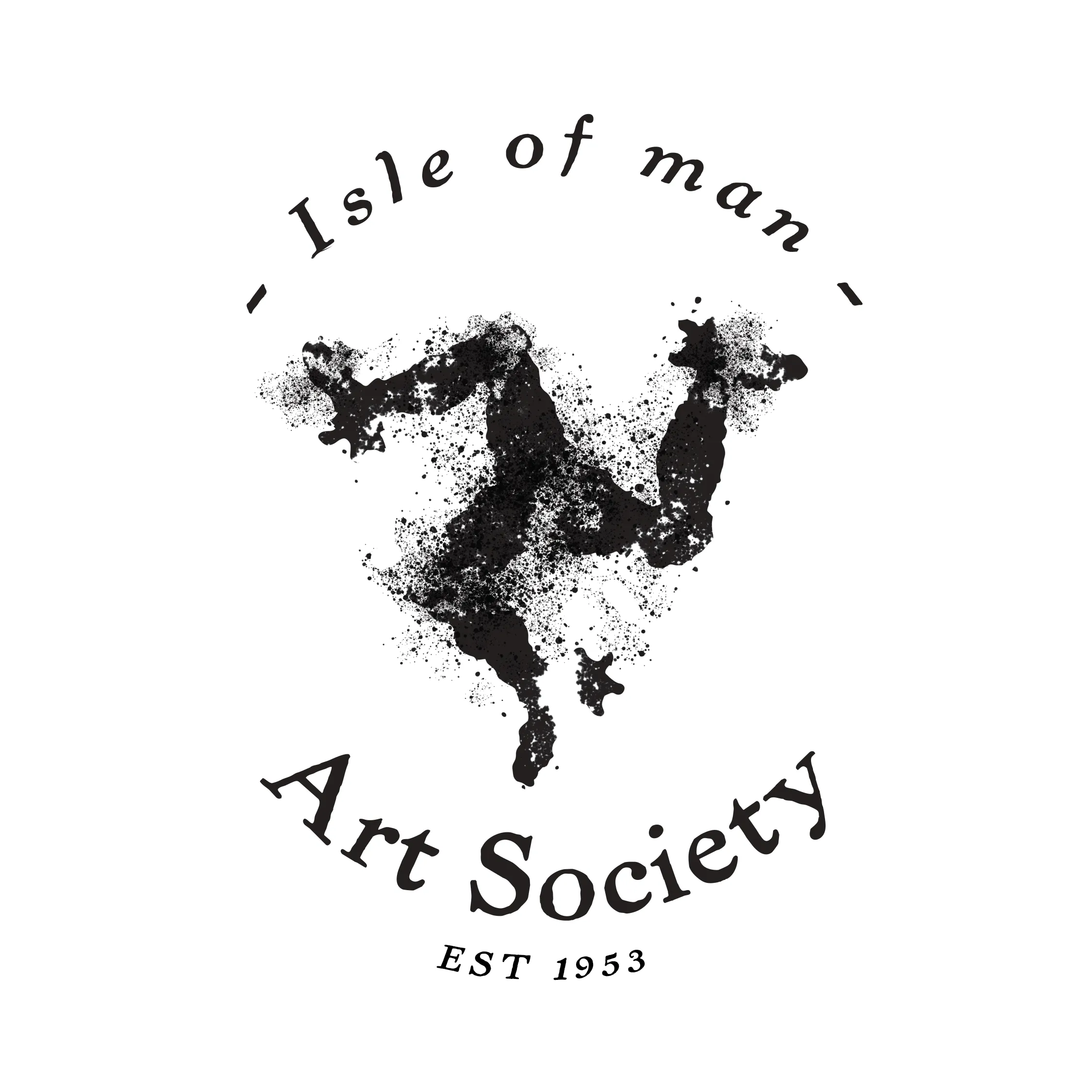 Ink-splatter triskelion logo with Isle of Man Art Society set in an arc