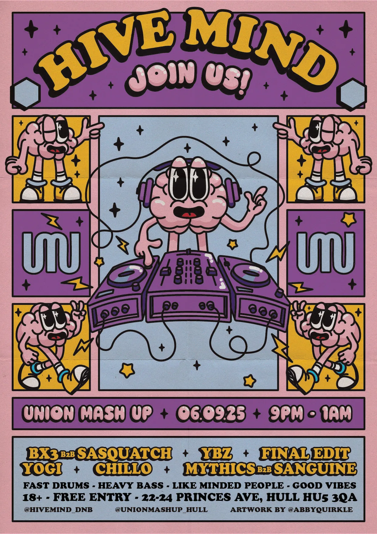 Green and blue Hivemind poster with a robot DJ behind decks