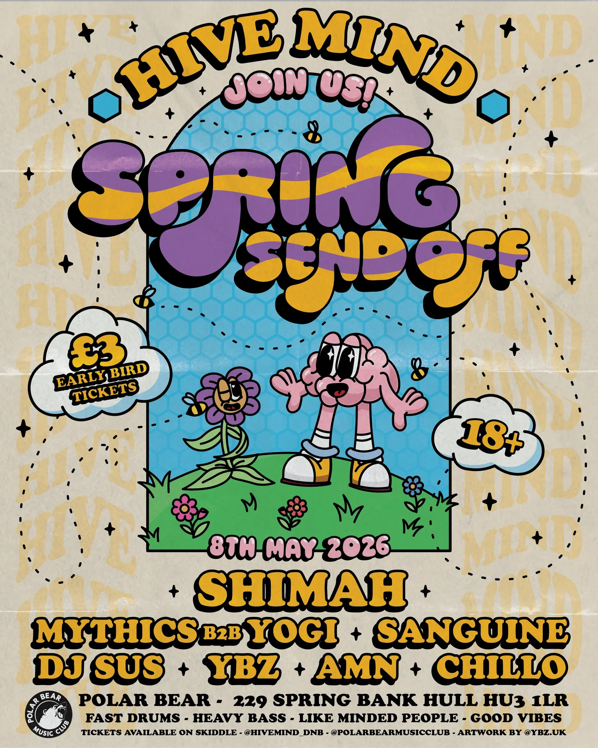 Hivemind Spring Send Off poster with bubbly lettering and a cartoon brain character