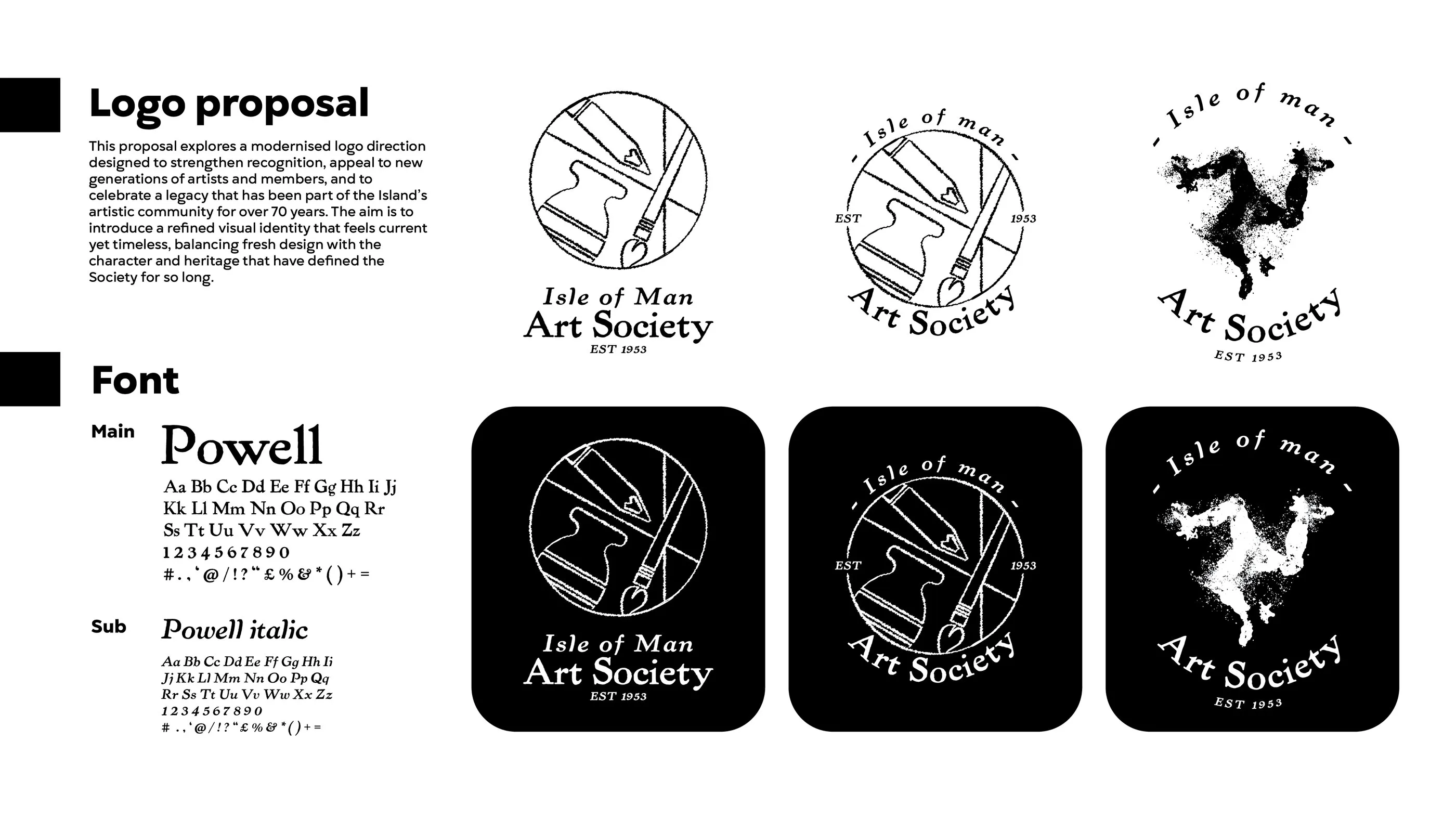 Logo proposal board showing the refined marks and the Powell typeface