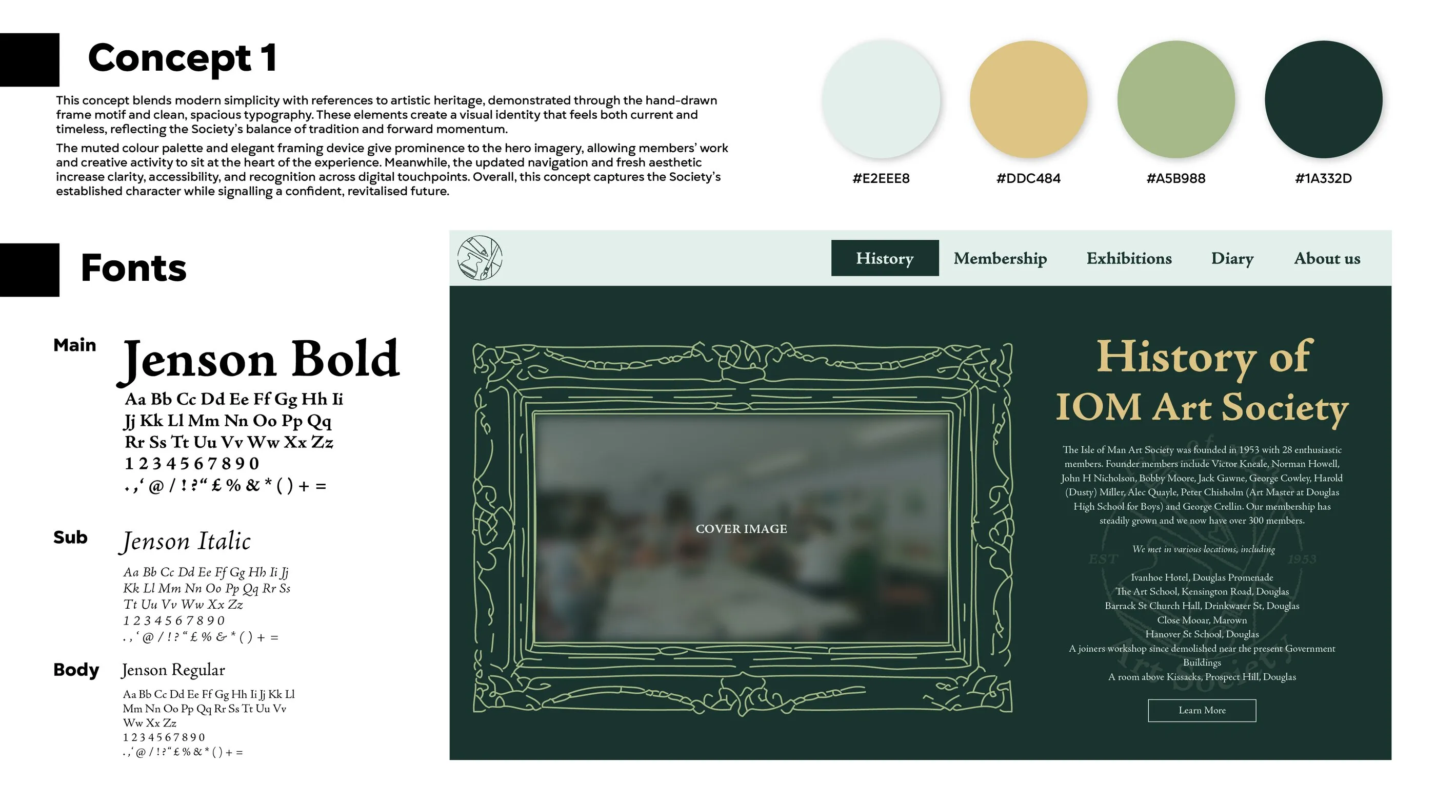 Website concept 1 — deep green and gold with a hand-drawn gallery frame