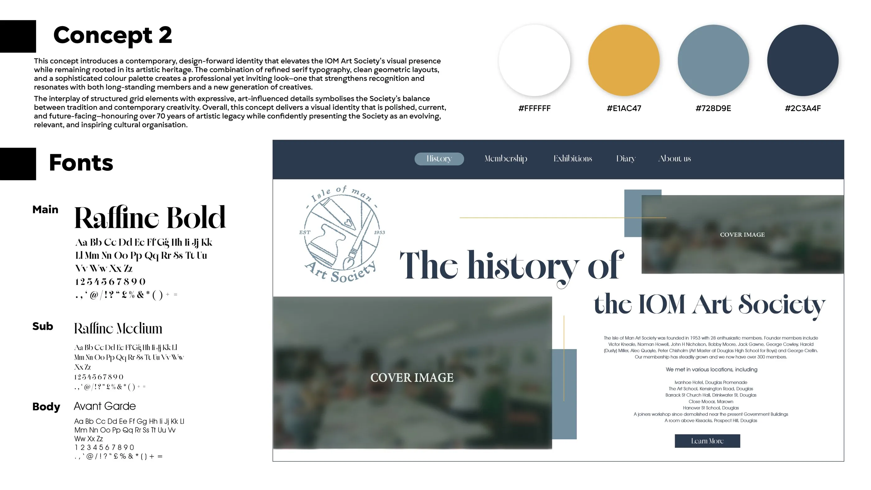 Website concept 2 — clean navy and gold layout telling the society's history