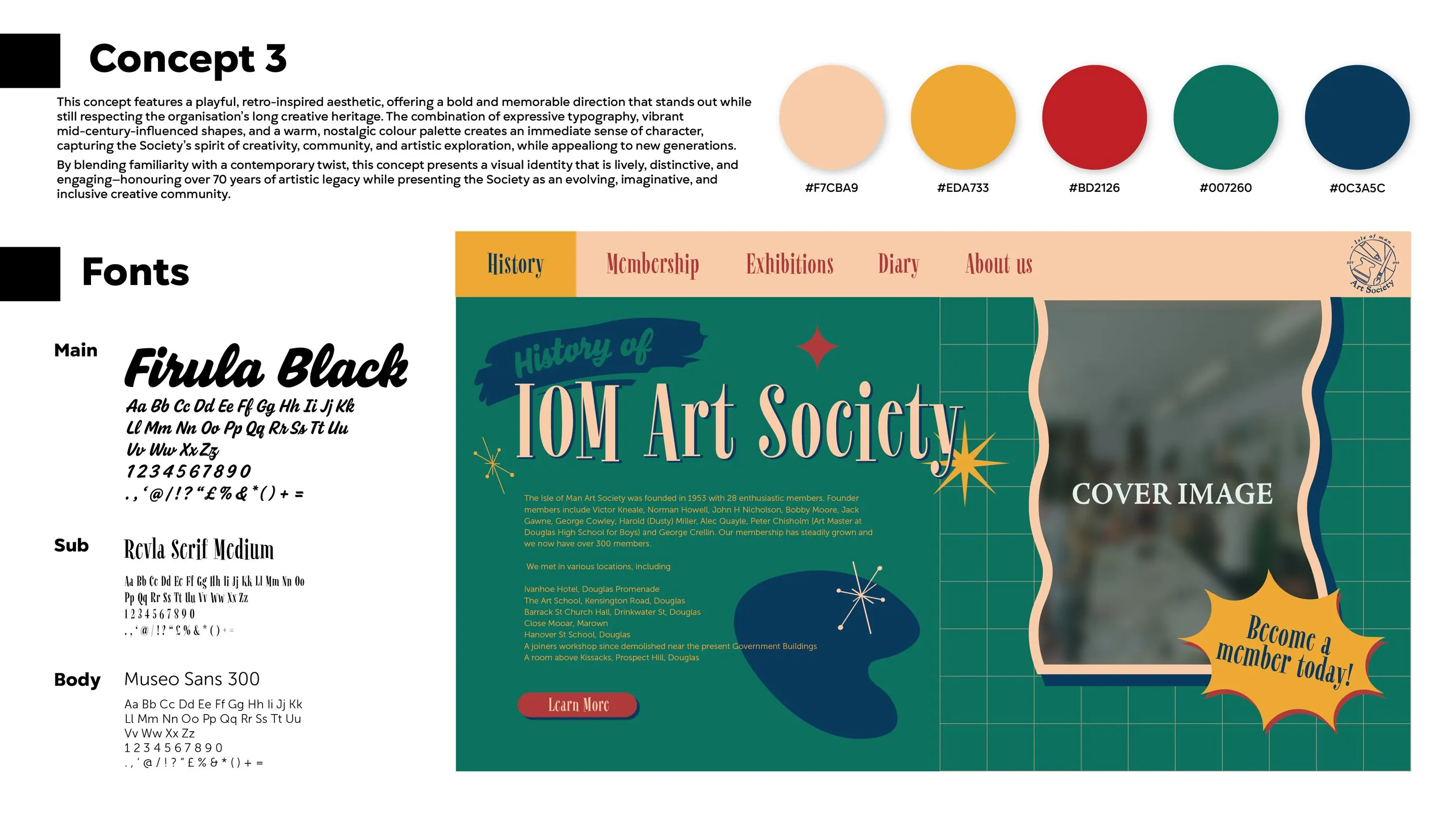 Website concept 3 — bold teal, coral and gold layout