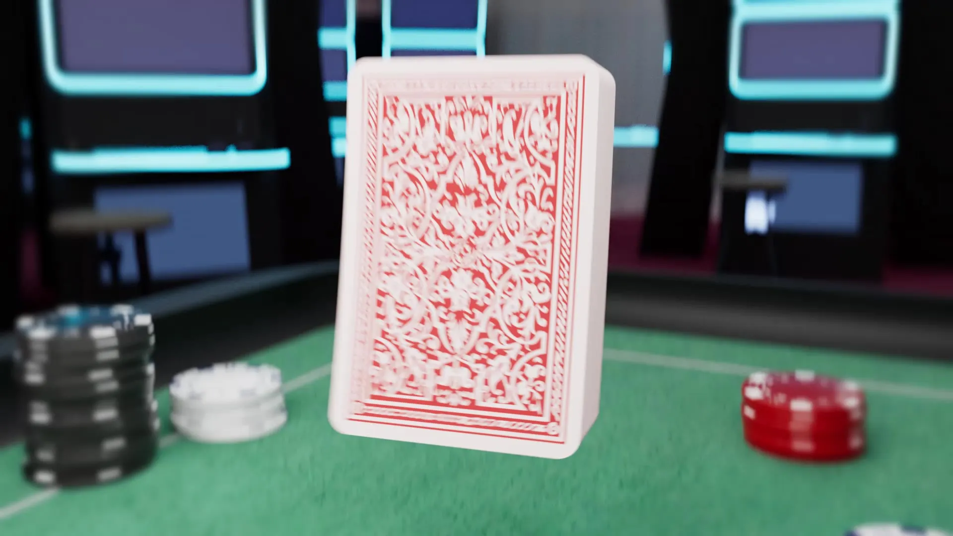 Close-up of the deck landing on the table beside a stack of red chips