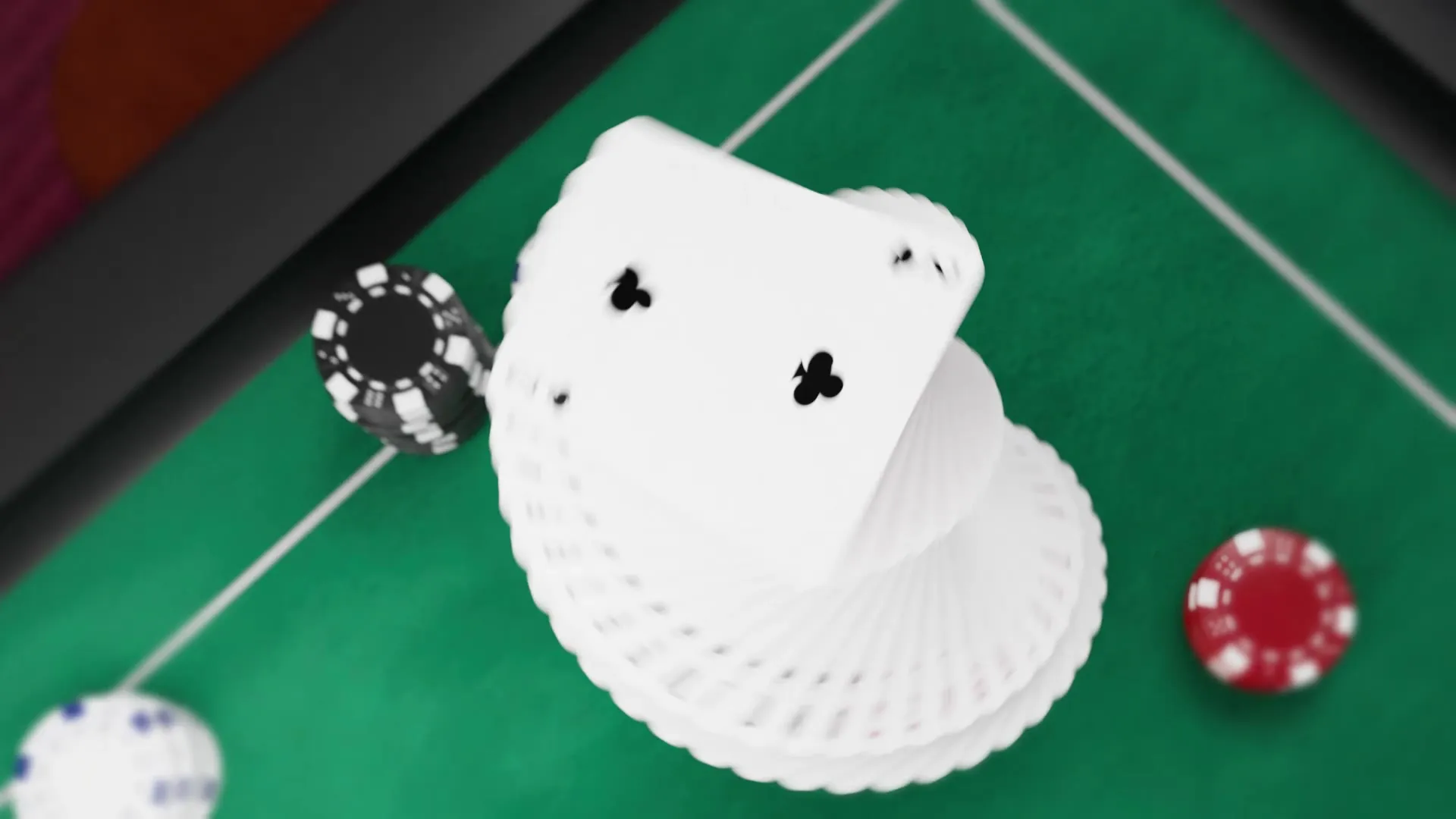 A deck of playing cards arcing mid-flourish above green baize, poker chips around it
