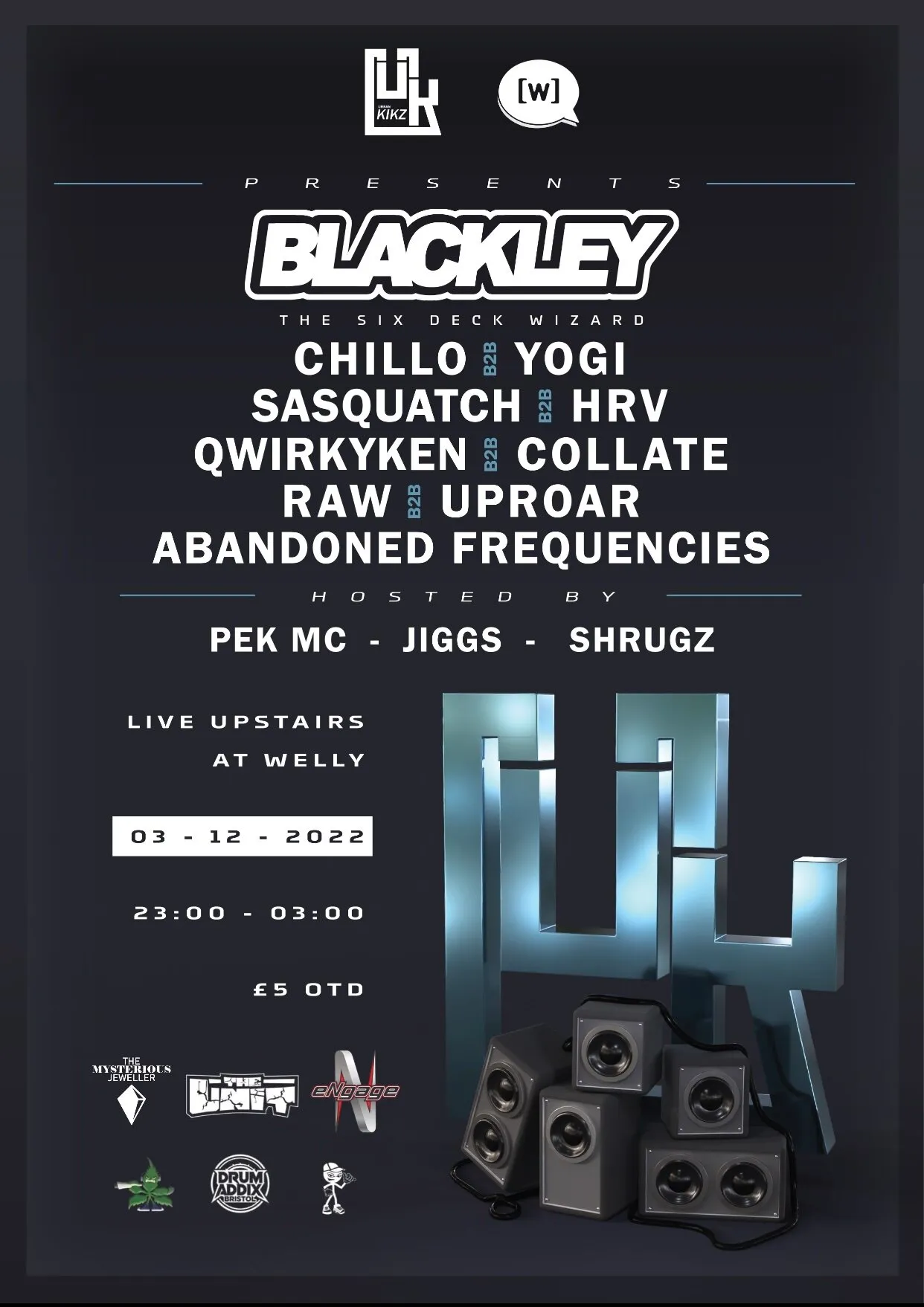 Black and white Urban Kikz Blackley poster with chrome speaker stacks