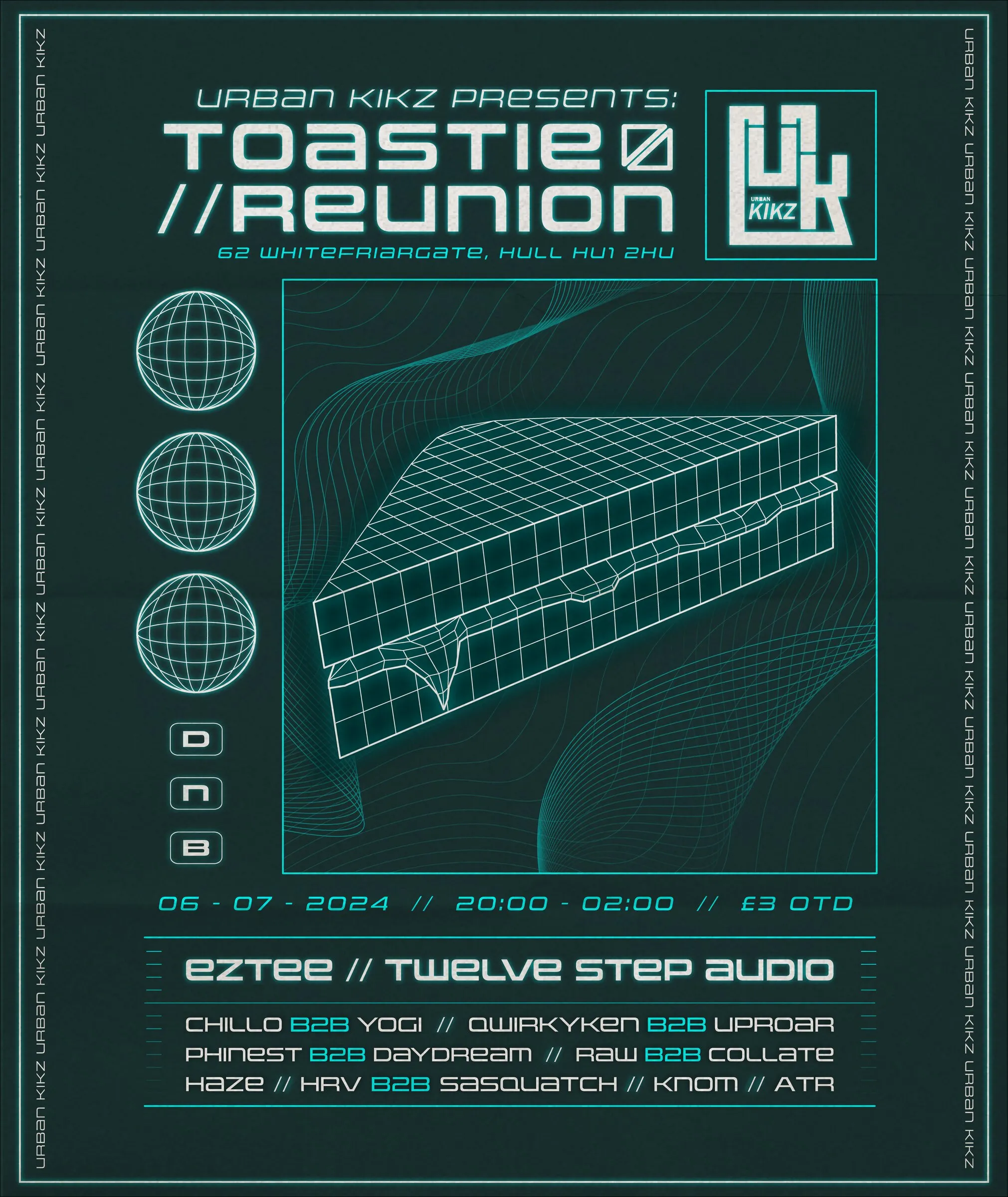 Dark green wireframe Urban Kikz Toastie Reunion poster